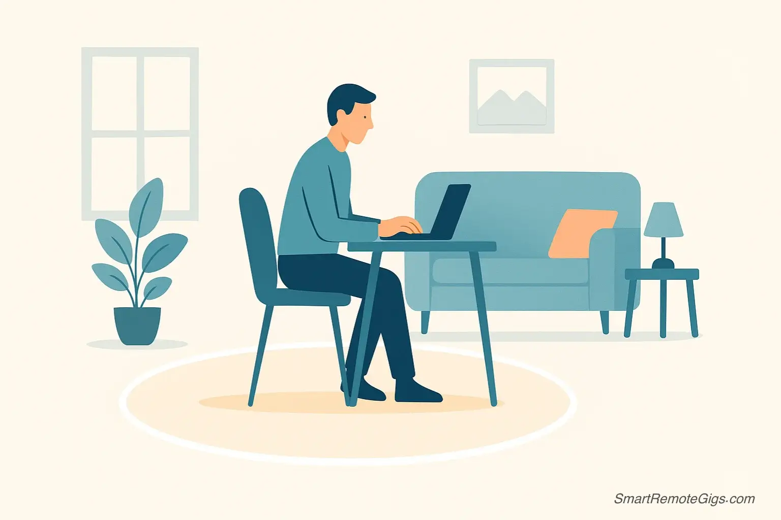 An illustration of a person working at a desk inside a glowing circle of light that separates their workspace from their living room, symbolizing firm work-life boundaries.