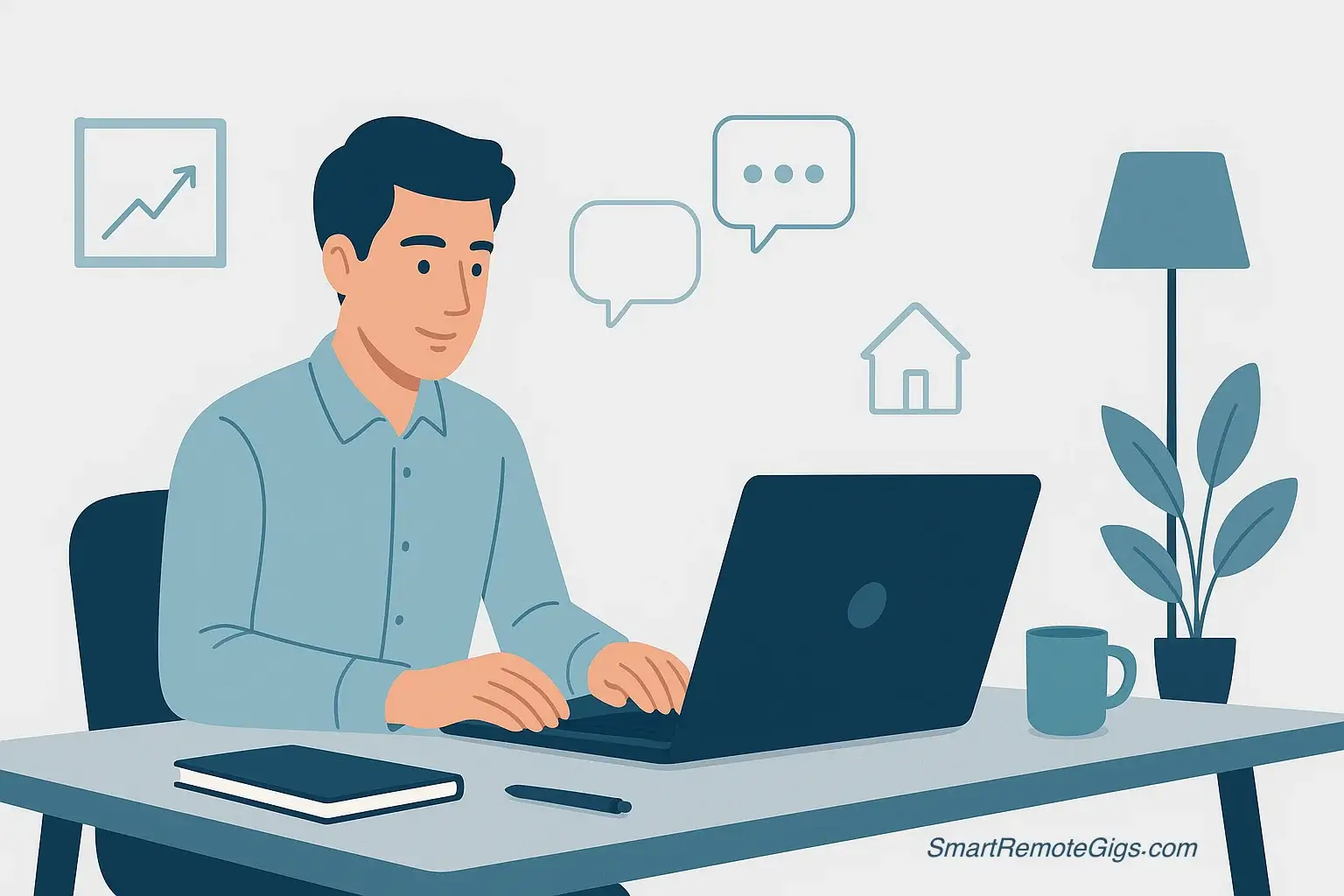 Illustration symbolizing remote work skills for an interview, showing a person working at a desk with icons for motivation, communication, and a home office setup.