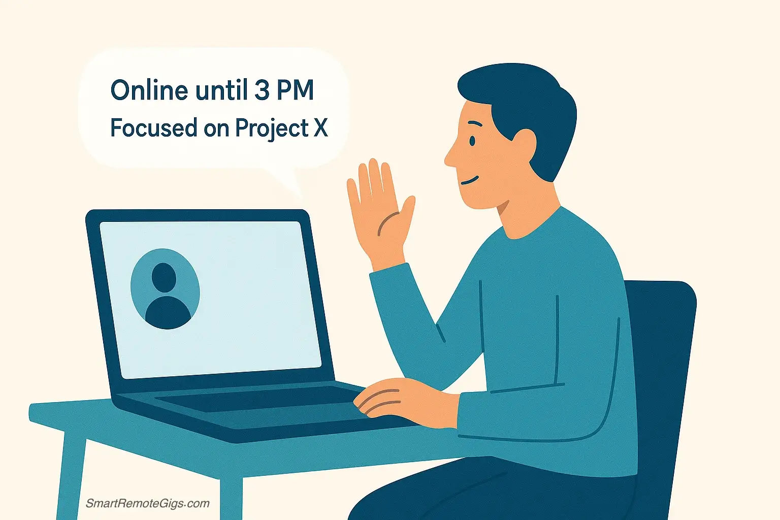 An illustration of a remote worker typing on their laptop, with a clear and professional status message in a speech bubble that says, "Online until 3 PM."