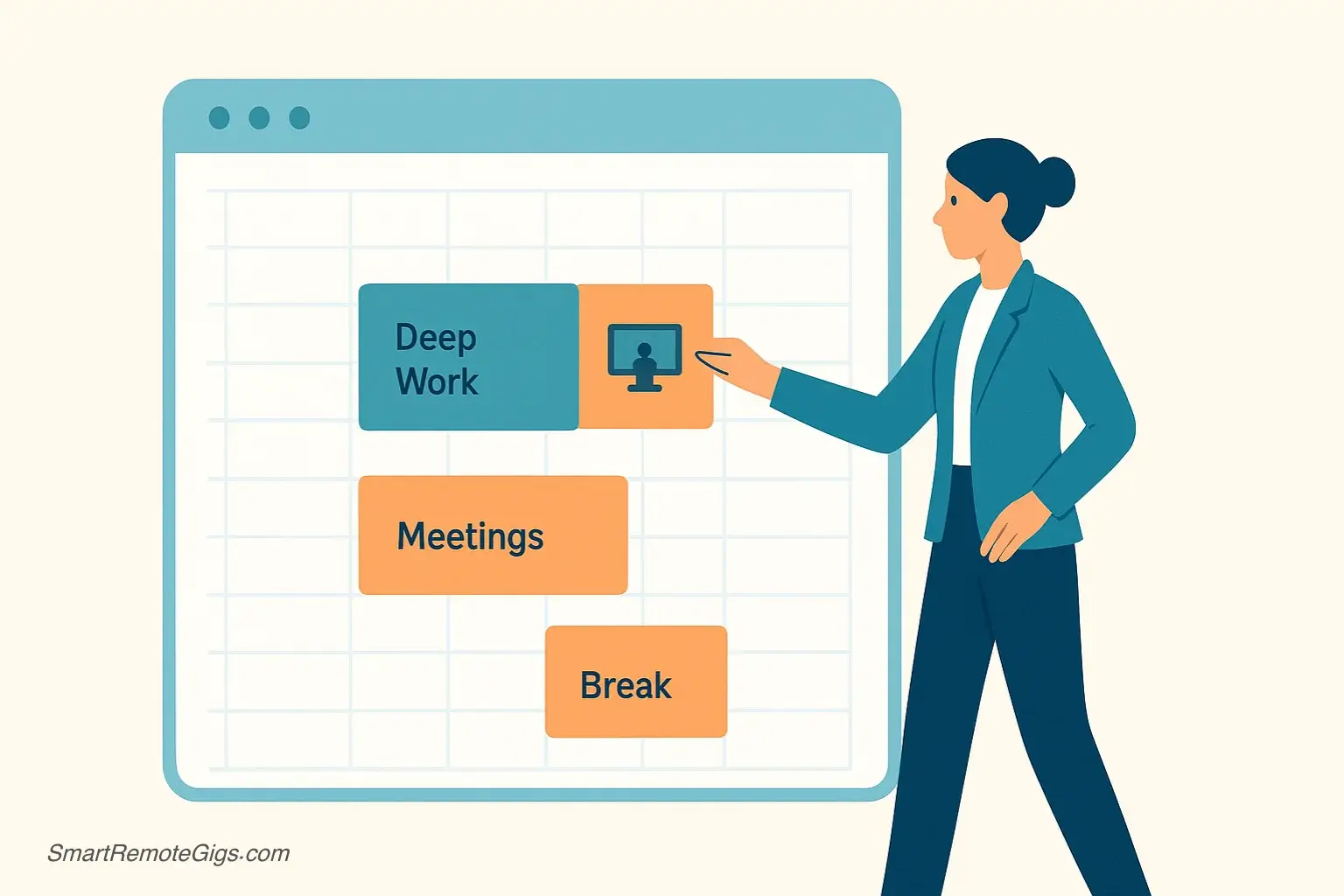 An illustration of a person confidently organizing colored blocks of time on a large, clean digital calendar interface, representing time blocking and effective scheduling.