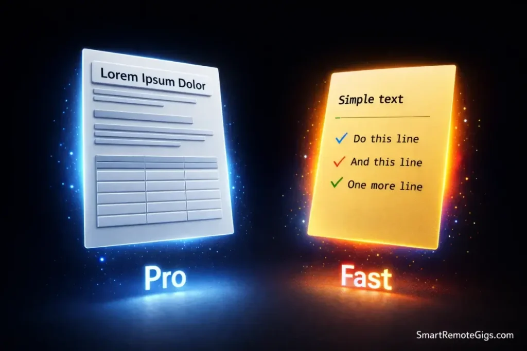 A comparison between a richly formatted document and a simple checklist card.
