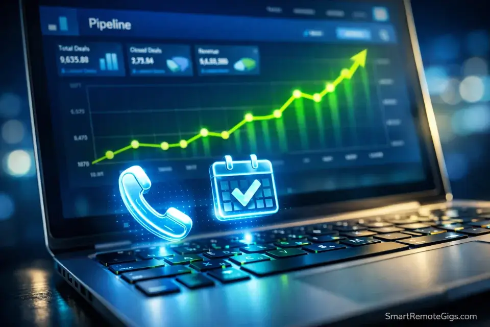 A laptop displaying a sales dashboard with positive growth metrics, representing the SDR role.
