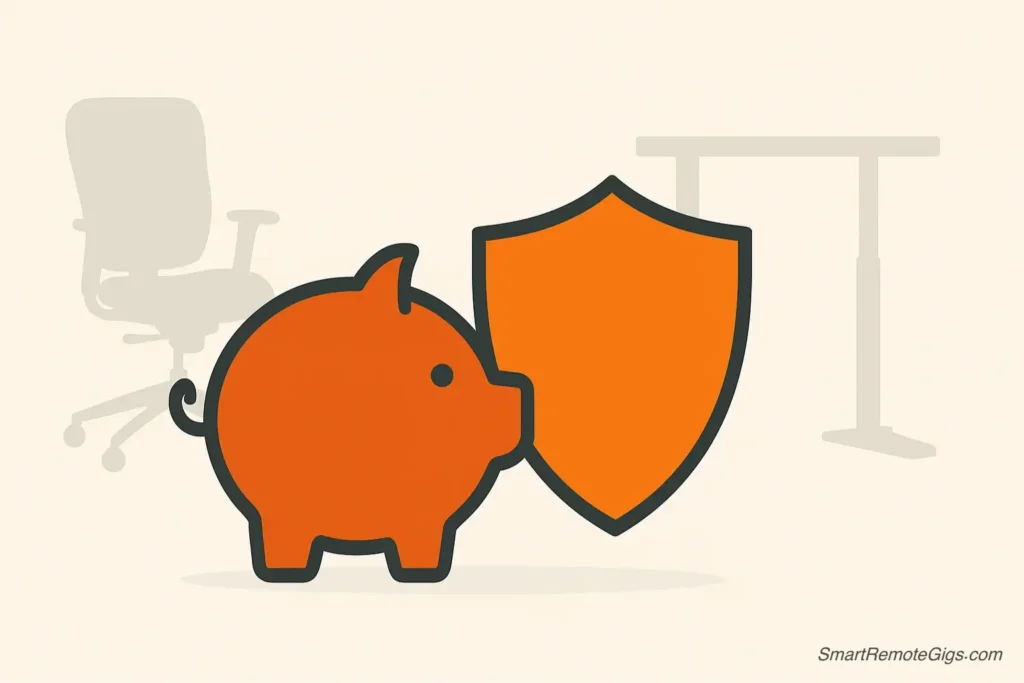 An illustration of a piggy bank being protected from expensive purchases, symbolizing the importance of a budget-friendly home office setup.