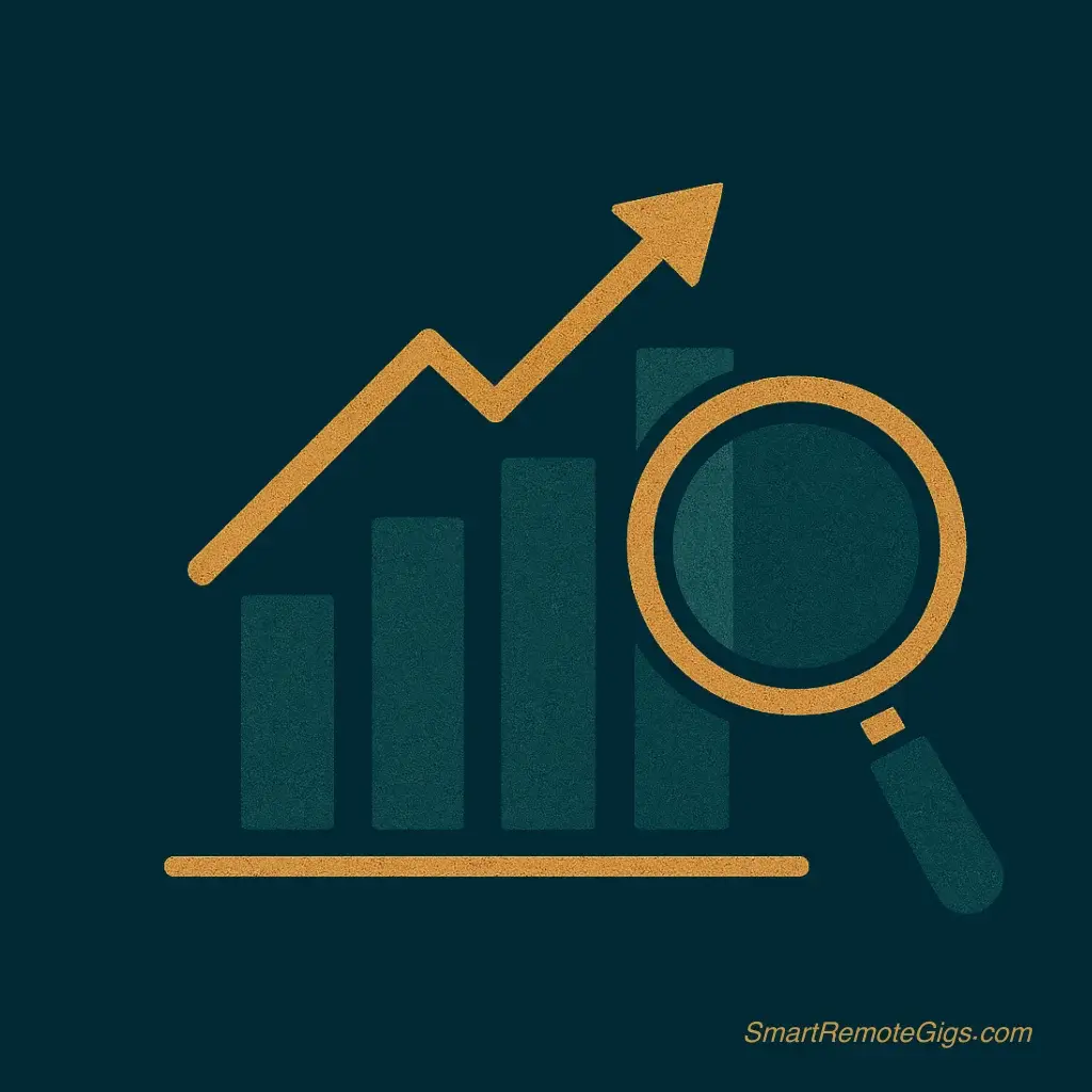 icon for an SEO assistant, showing a rising bar chart with a magnifying glass over it.