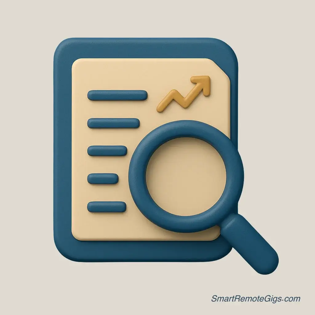 3D icon of a document with a magnifying glass and a rising chart, for an SEO content auditor.