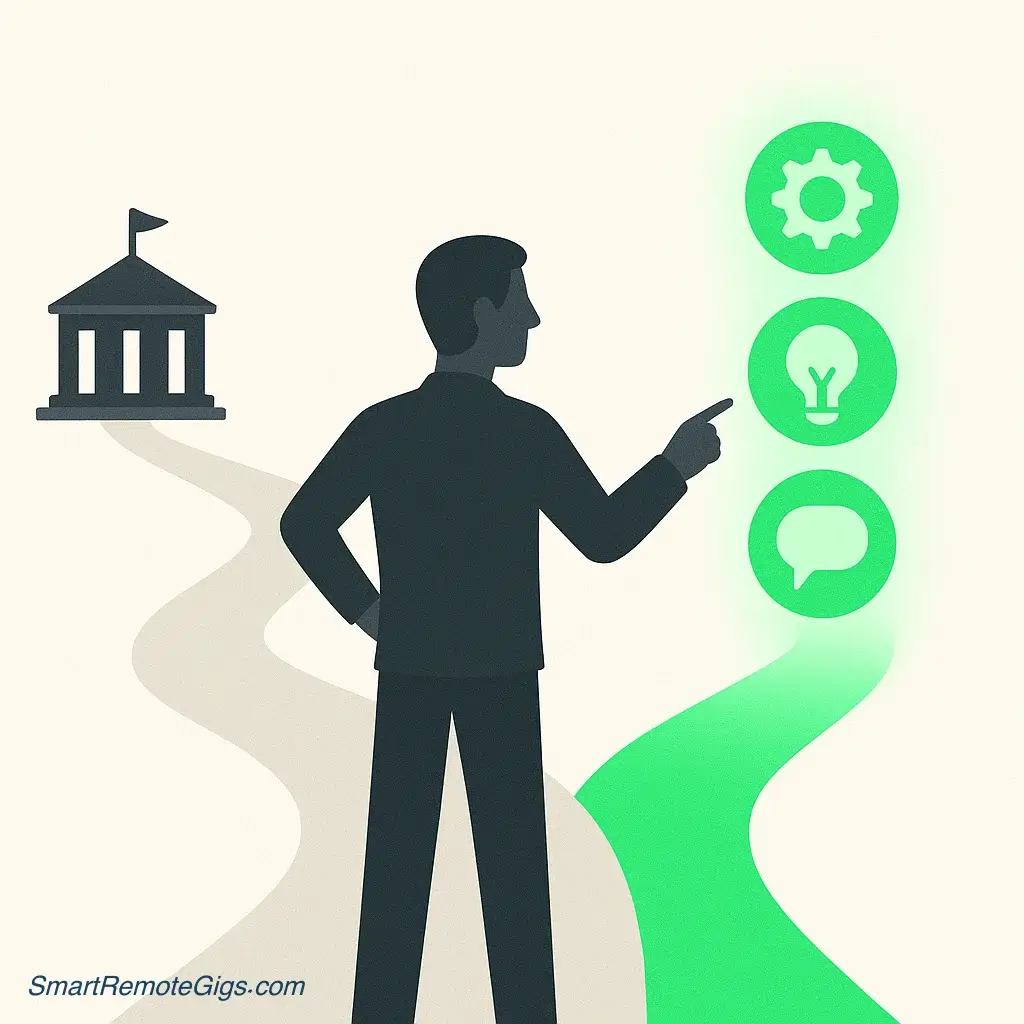 An illustration of a person choosing a path of skills over a traditional degree, representing the skills-first mindset.
