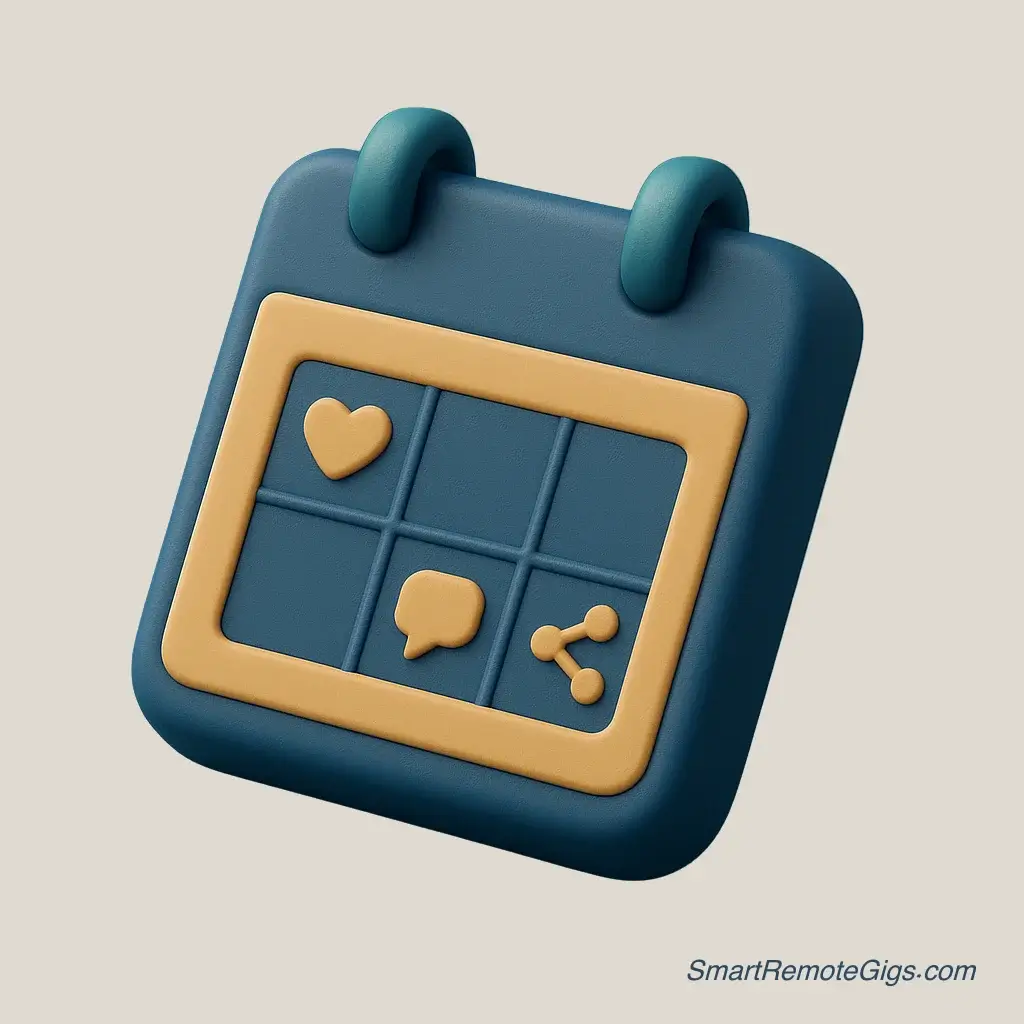 3D icon of a calendar with multiple social media icons scheduled on it.