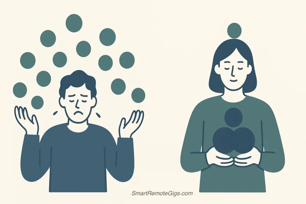 An illustration comparing a scattered vs. a focused job search strategy, symbolizing the importance of choosing a few key job boards.