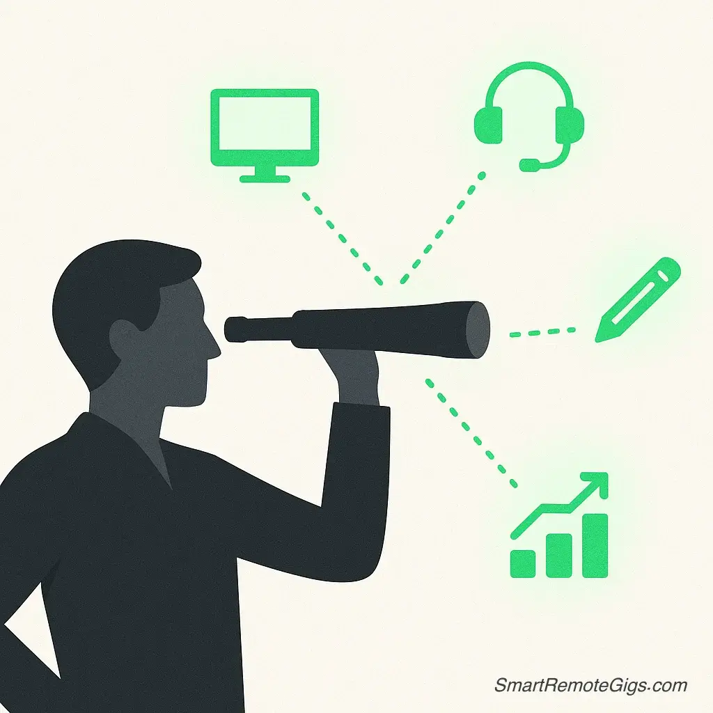 An illustration of a person using a telescope to target specific high-paying remote job fields, symbolizing a strategic job search.