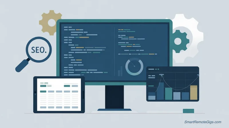 An illustration of a technical professional's workspace with a computer showing code and data charts, and icons for SEO and bookkeeping, representing technical remote jobs.