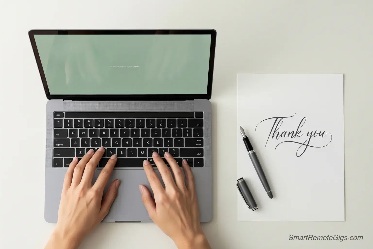 A professional setting with hands typing on a laptop next to a handwritten "Thank You" note, symbolizing a thoughtful thank you email after a remote interview.