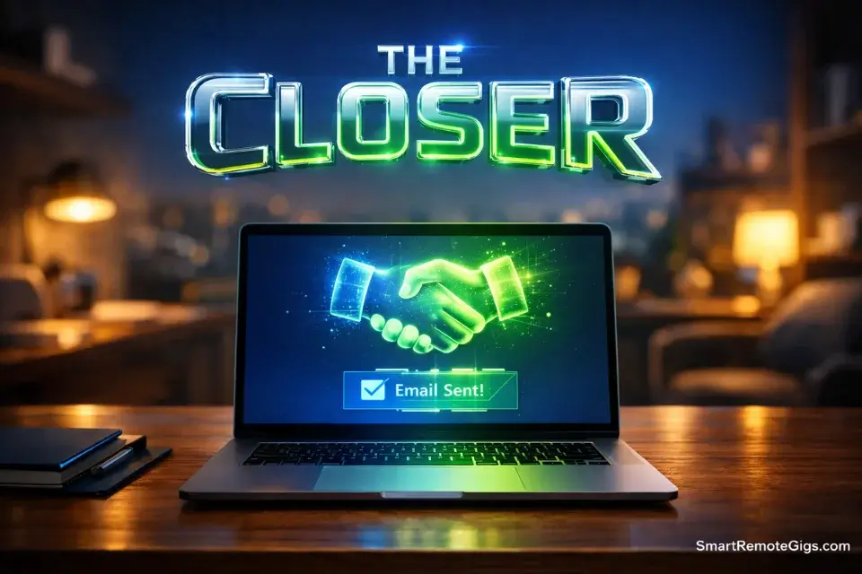 A futuristic visualization of a perfect follow-up email sealing the deal after a remote interview.