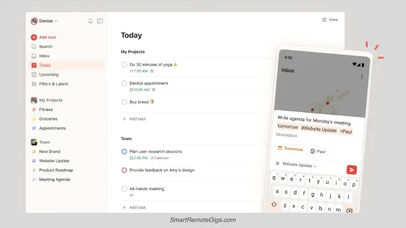 A screenshot of the Todoist app interface being used for GTD, with a project list and a task showing labels for contexts.