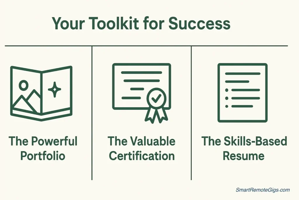 An infographic showing the toolkit for getting a remote job without a degree: a powerful portfolio, valuable certifications, and a skills-based resume.