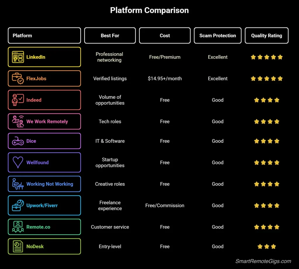 An infographic table comparing the top 10 best remote job boards, rating each on cost, scam protection, and overall quality.