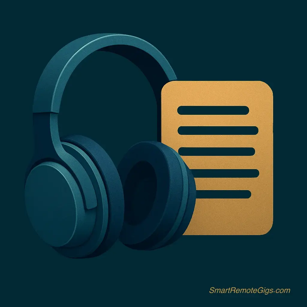 icon of a pair of headphones next to a document with lines of text, for a transcriptionist job.