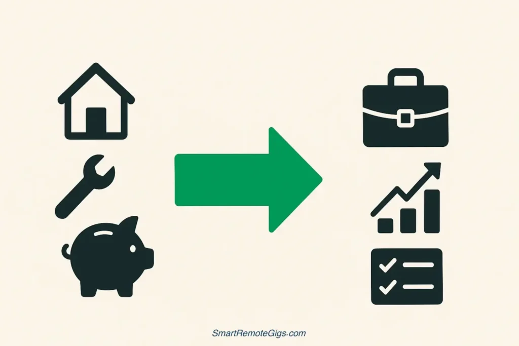 A diagram showing life experience icons transforming into professional skill icons, representing the concept of transferable skills for remote jobs.