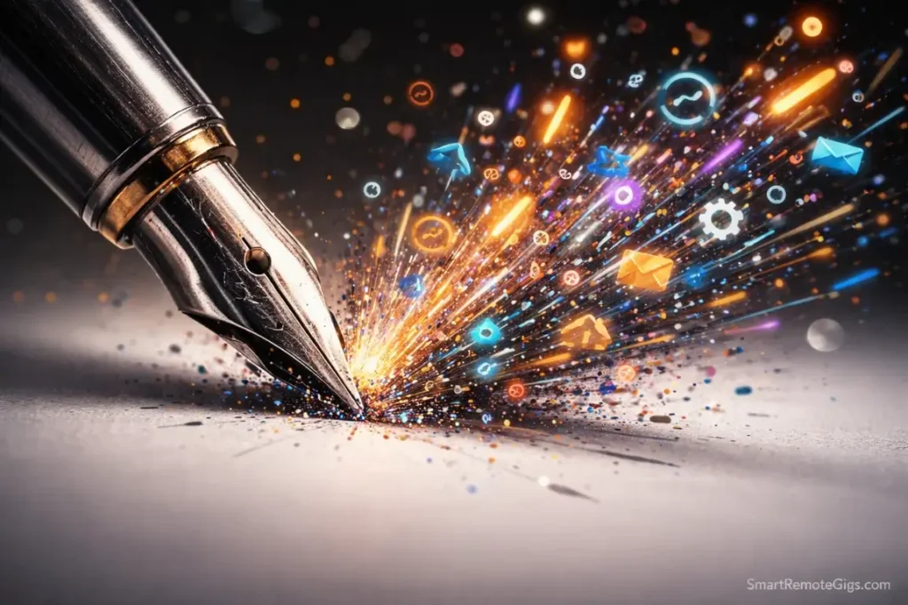 A fountain pen releasing a chaotic stream of symbols onto paper, symbolizing an unfiltered brain dump.