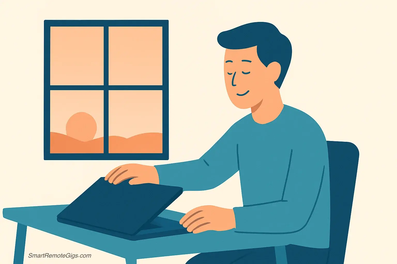 An illustration of a person smiling as they close their laptop for the day. A window behind them shows the sun setting, symbolizing the end of the workday.