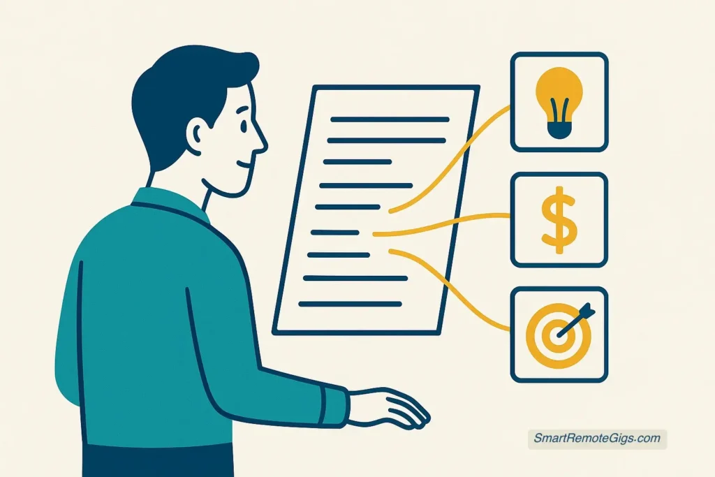 An illustration of a person analyzing a document and extracting key points into separate, organized blocks, symbolizing the deconstruction of an Upwork job post.
