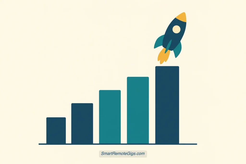 A clean, minimalist bar chart showing significant upward growth, with the final bar transforming into a rocket ship, symbolizing the successful results of the project.