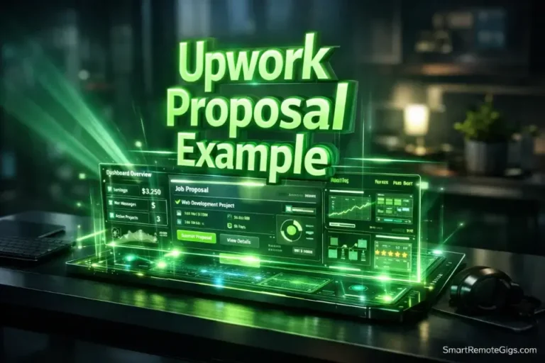 3D cinematic rendering of the text Upwork Proposal Example hovering over a modern freelancer digital dashboard.