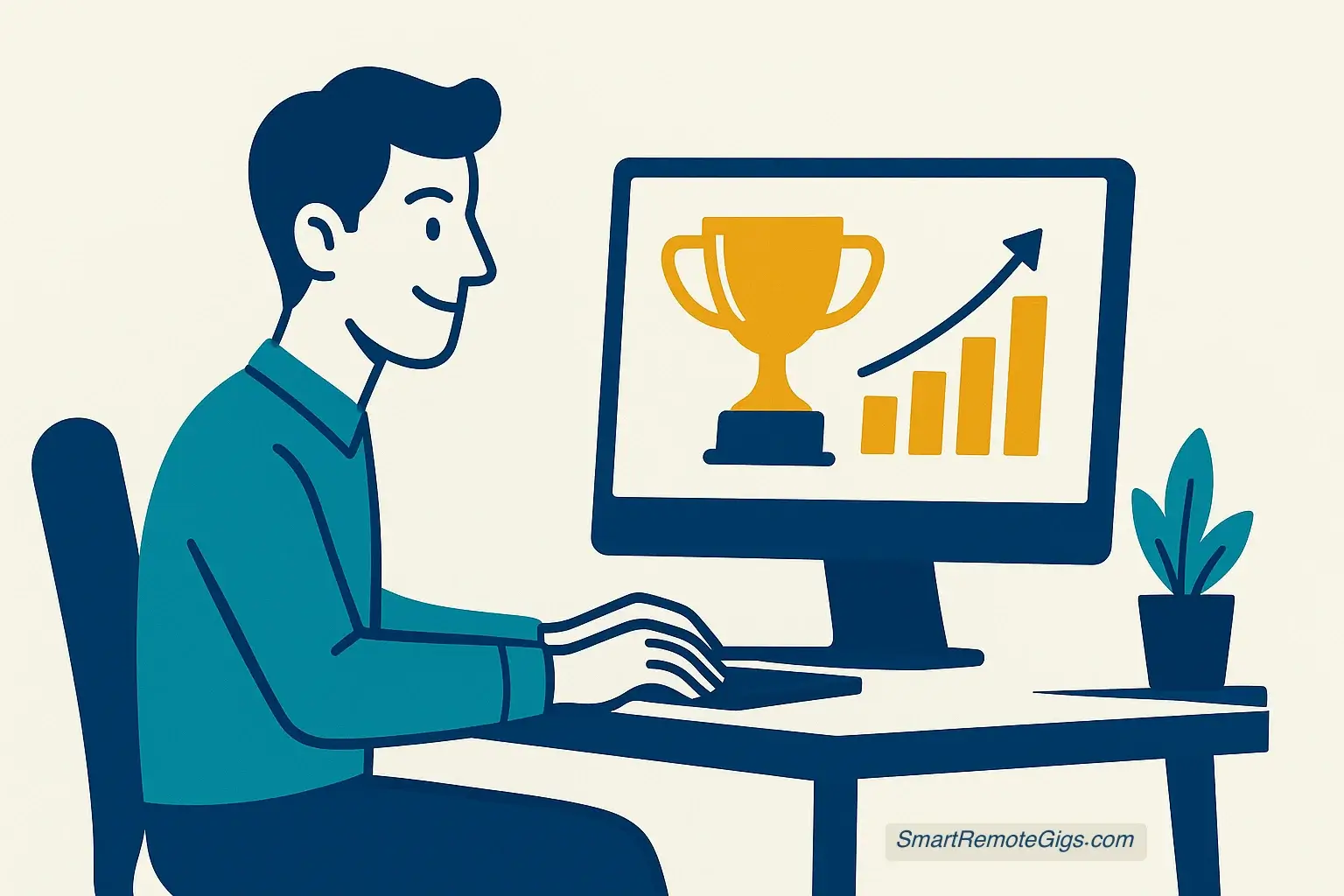 A vector illustration of a freelancer celebrating a successful Upwork project, with a rising chart in the background, symbolizing a winning proposal example.