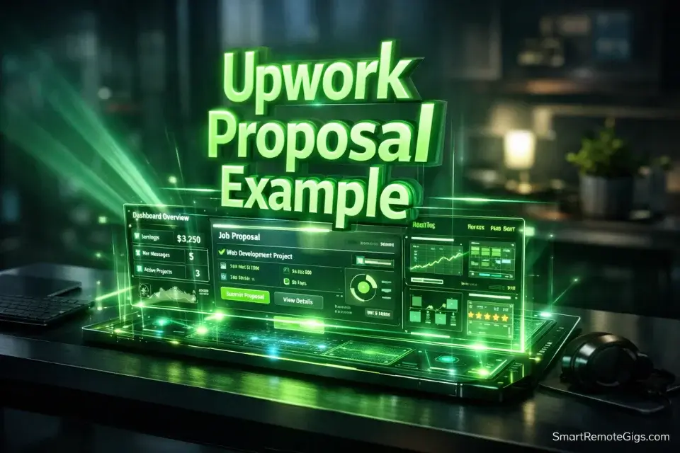 3D cinematic rendering of the text Upwork Proposal Example hovering over a modern freelancer digital dashboard.