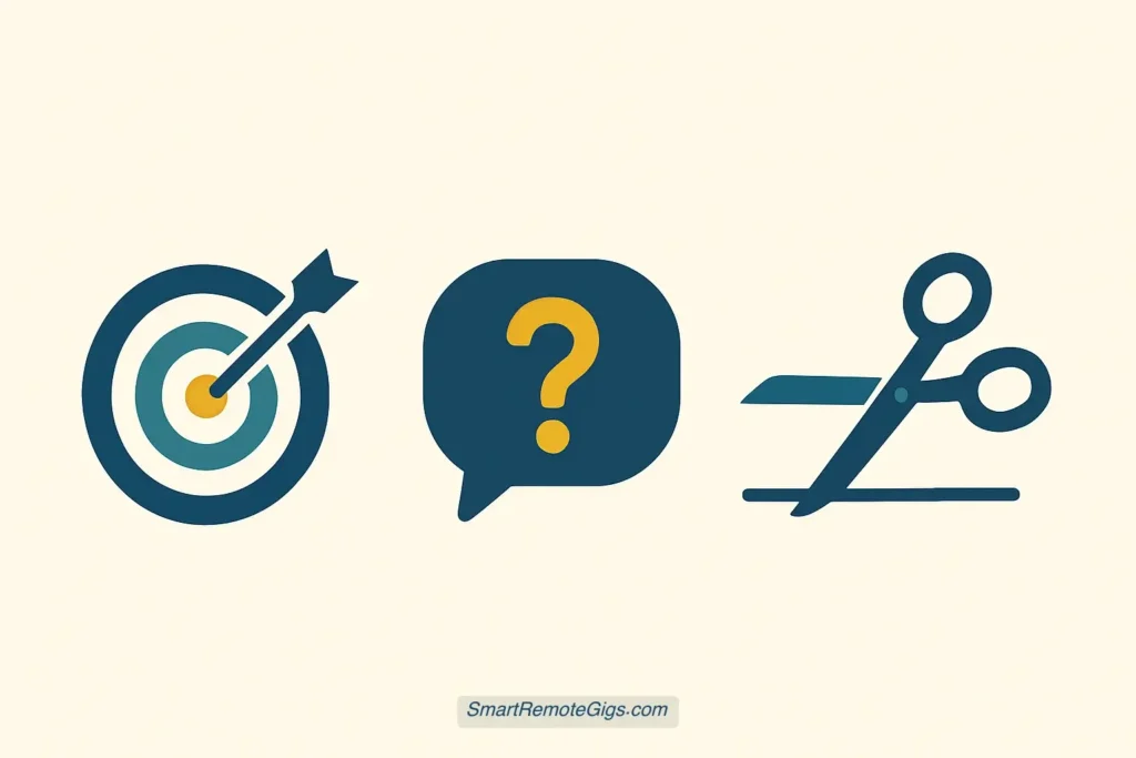 A vector graphic showing three key icons in a row: a target, a question mark, and a pair of scissors, representing the main takeaways from the Upwork proposal example.