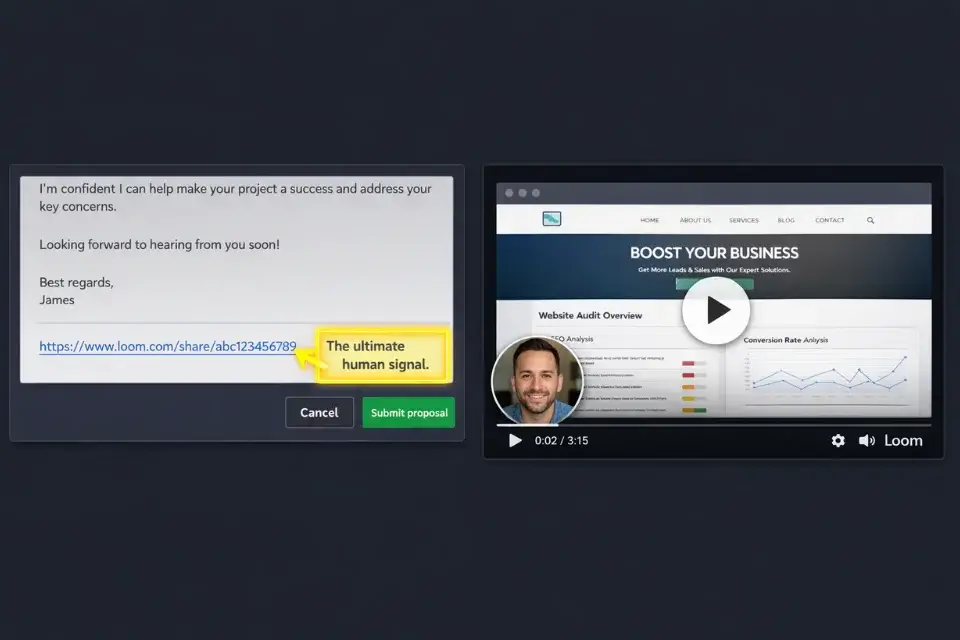 A screenshot of an Upwork proposal featuring an embedded Loom video link to build immediate client trust.