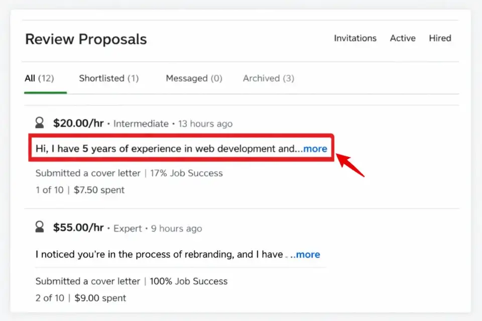 A screenshot of the Upwork client dashboard showing how freelance proposals are cut off after the first two sentences.