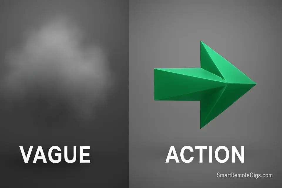 A comparison between a blurry grey cloud and a sharp green arrow, symbolizing vague projects vs. specific next actions.