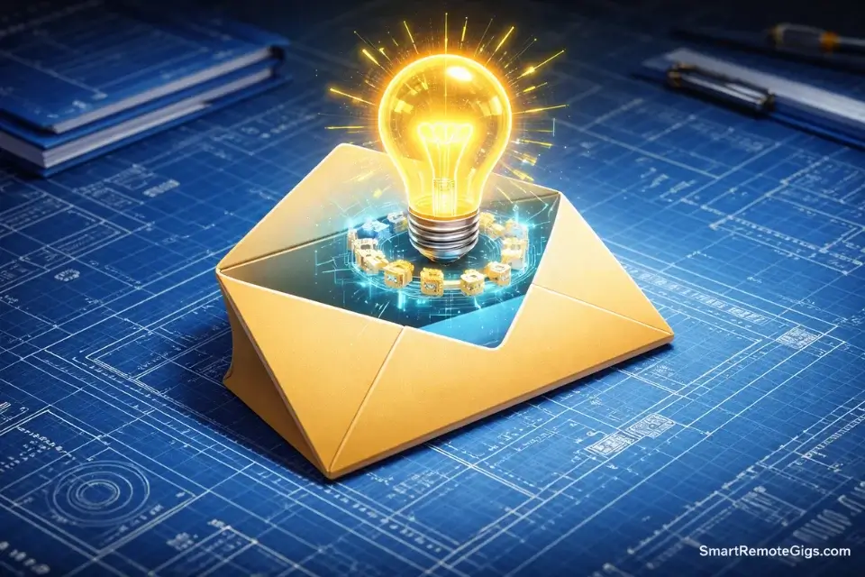 An open email envelope containing a glowing lightbulb, symbolizing the "Value-Add" follow-up strategy.
