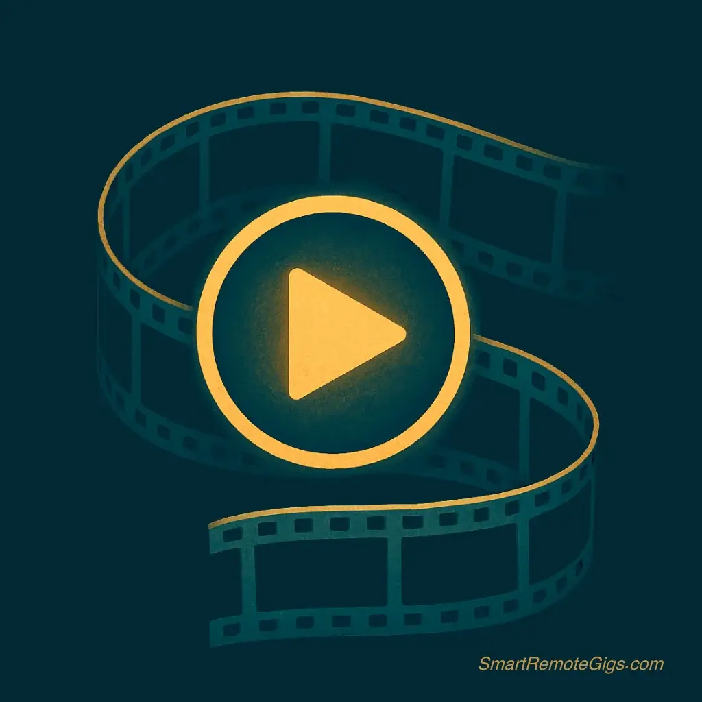 icon representing a video editor, showing a strip of film forming a loop with a play button in the center.