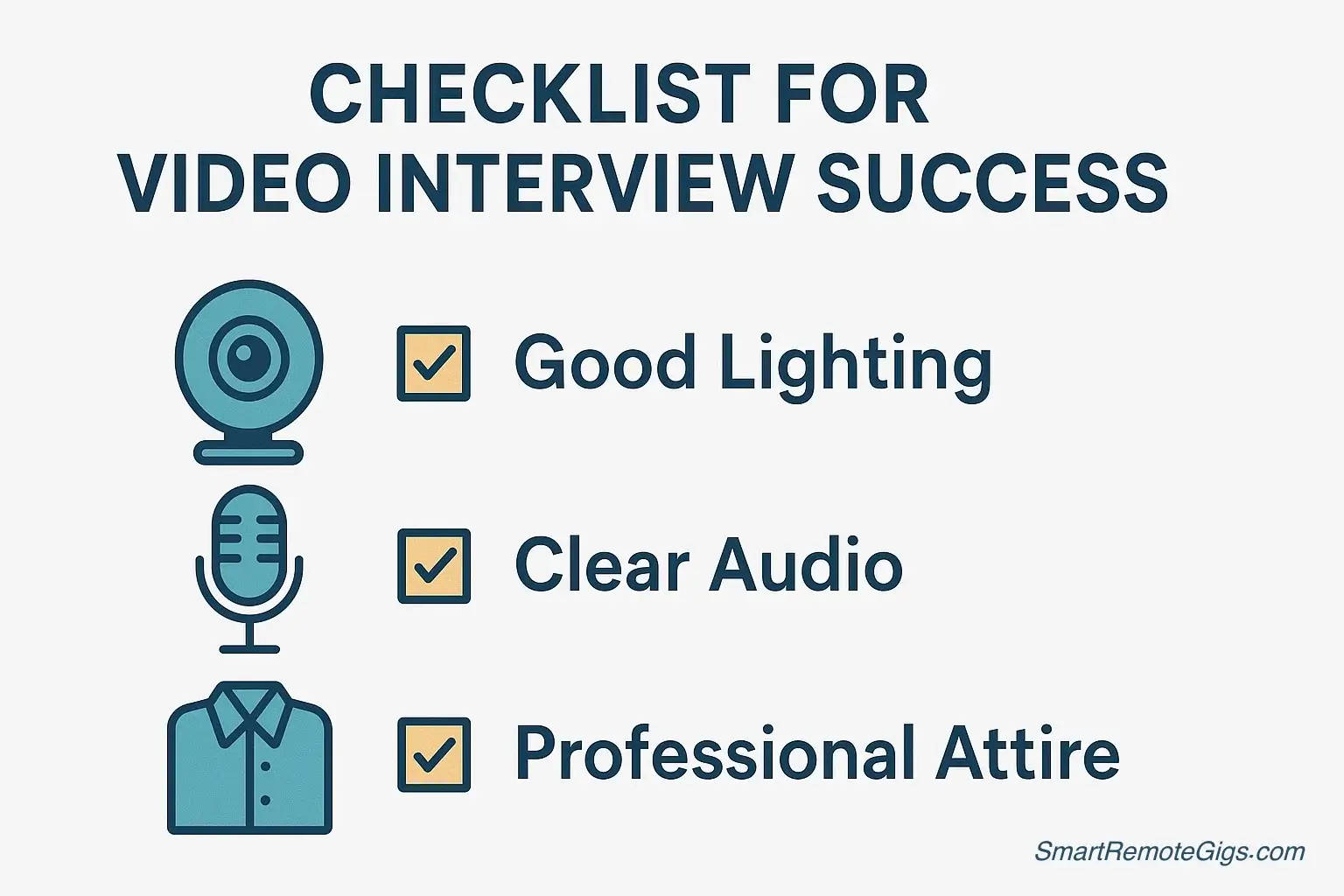 An infographic checklist for video interview preparation, with icons for a camera, a microphone, and professional attire.