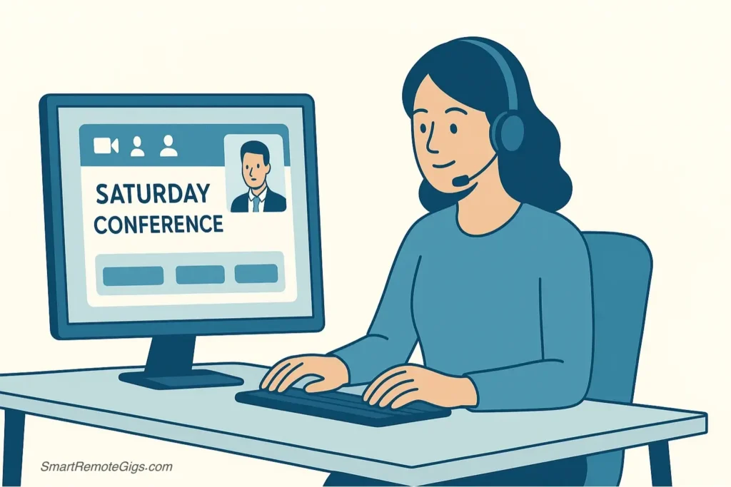 A tech-savvy event support staff member managing a virtual conference on a Saturday.