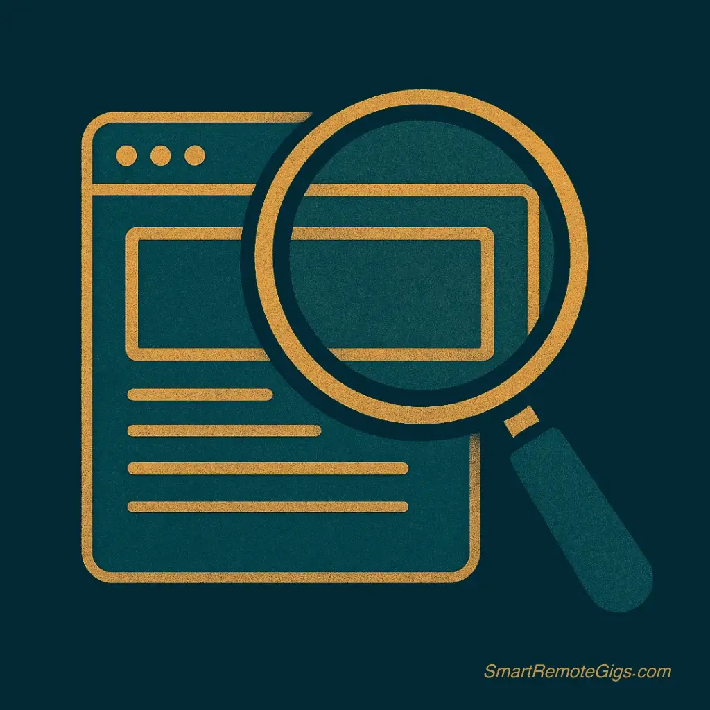 icon of a magnifying glass hovering over a simple browser window wireframe, for a website tester.