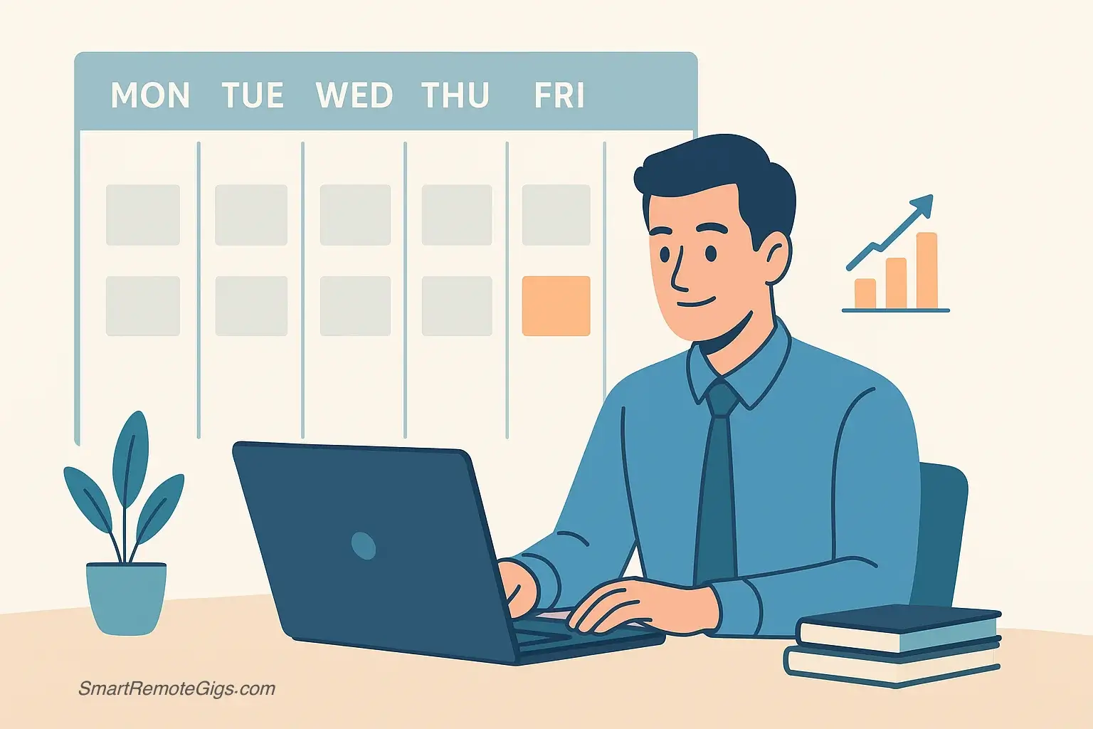 An illustration of a person working productively on a laptop, with a large calendar in the background highlighting Saturday and Sunday, symbolizing weekend remote jobs that boost income.