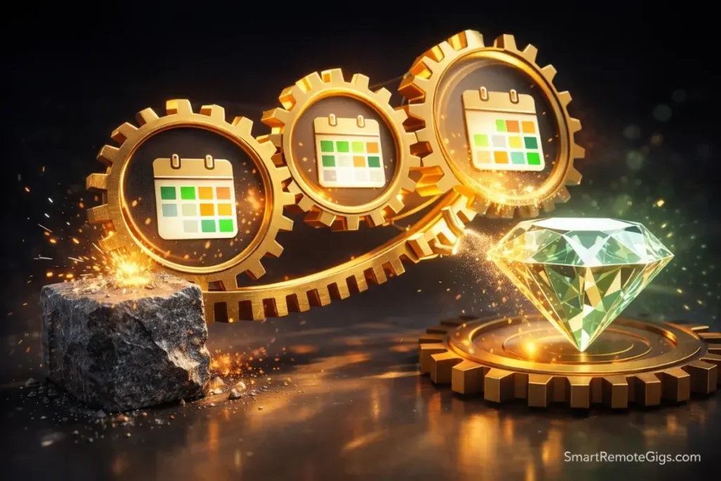 Clockwork gears refining a digital block, representing the weekly review process.