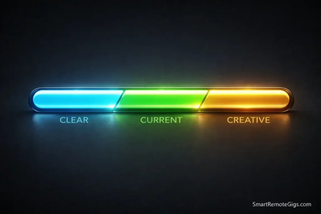 A three-part progress bar visualizing the phases of the Weekly Review: Clear, Current, and Creative.