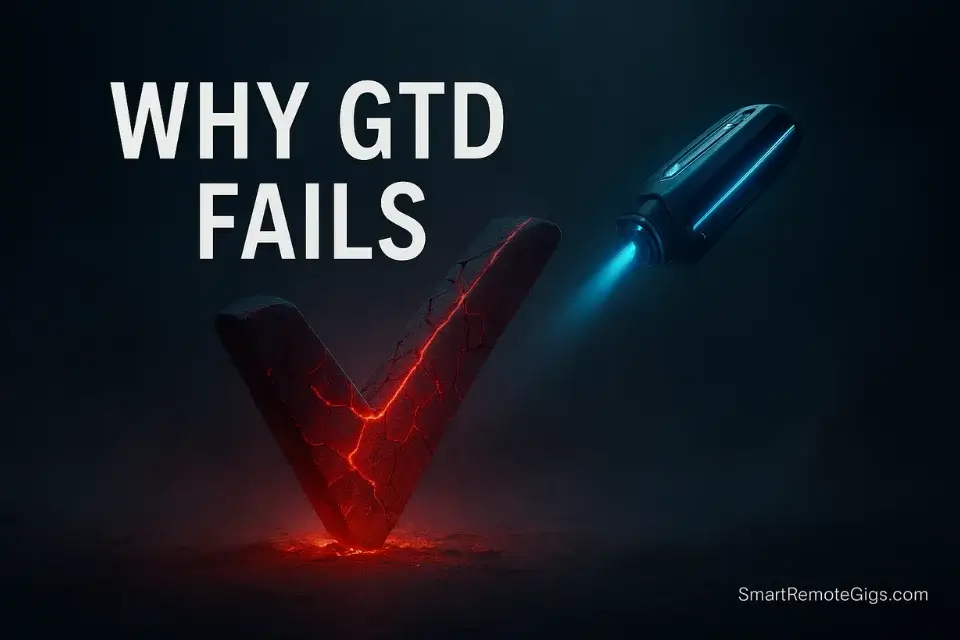 A fractured, glowing red checkmark being scanned by a blue repair tool, symbolizing the analysis of GTD mistakes.