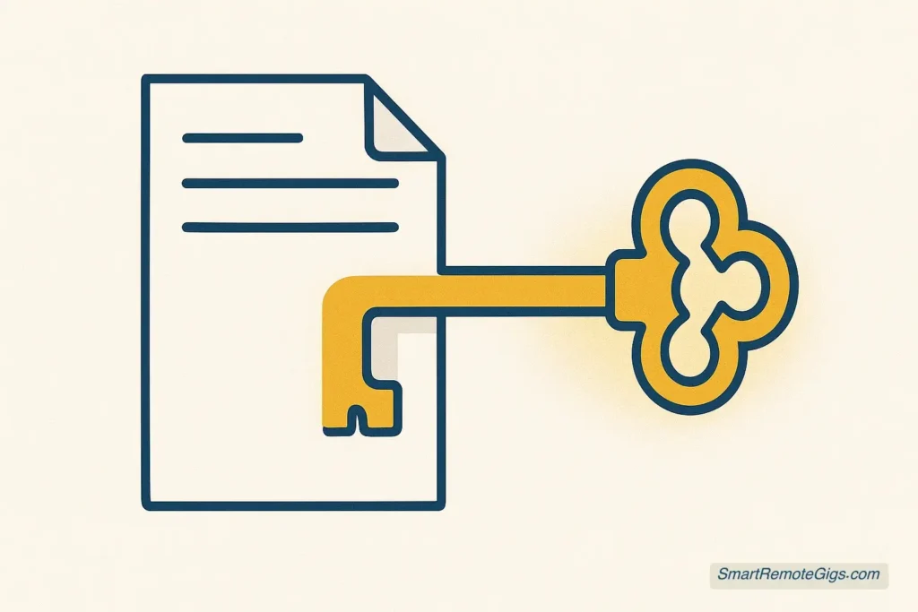 A vector illustration of a document being transformed into a golden key, representing a winning Upwork proposal that unlocks a project.