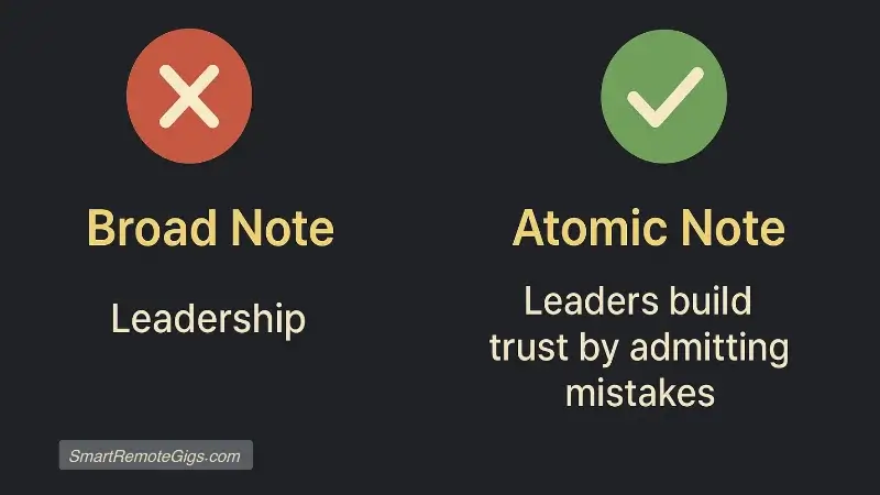A graphic illustrating the difference between a broad, non-specific note and a specific, atomic note for Zettelkasten.