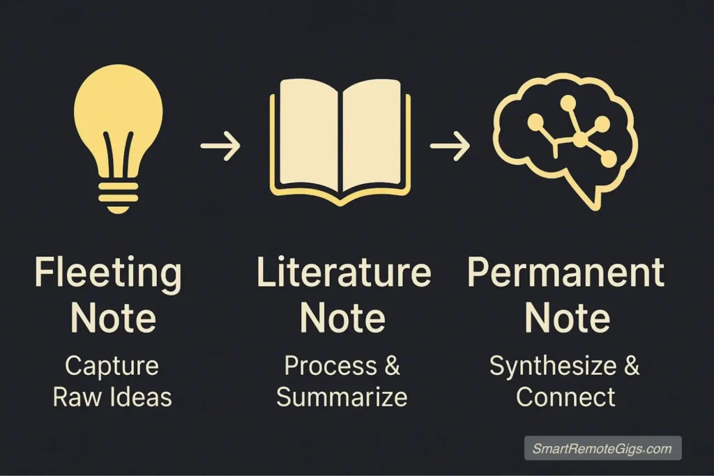 An infographic showing the Zettelkasten workflow from Fleeting Notes to Literature Notes to Permanent Notes.