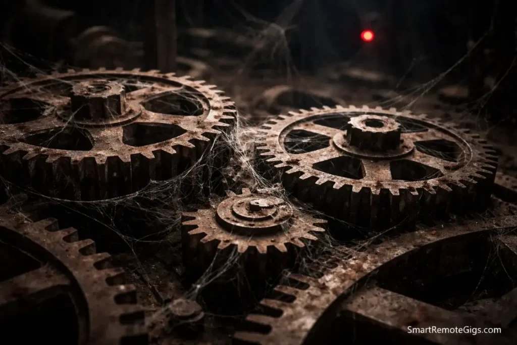 Rusted, frozen gears representing a "dead" or "zombie" productivity system that hasn't been reviewed.
