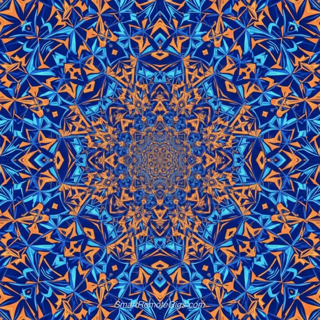 AI art example of a symmetrical, digital art design of geometric patterns with a kaleidoscope effect.