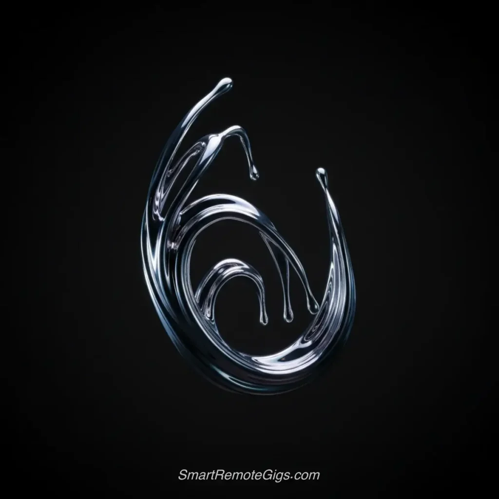 AI art example of an abstract sculpture of flowing liquid metal forms with reflective surfaces and cool colors.