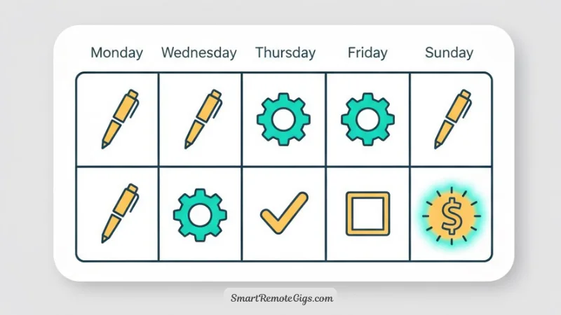 An illustration of a calendar for one week, with each day showing a different action icon, leading to a dollar sign at the end of the week.