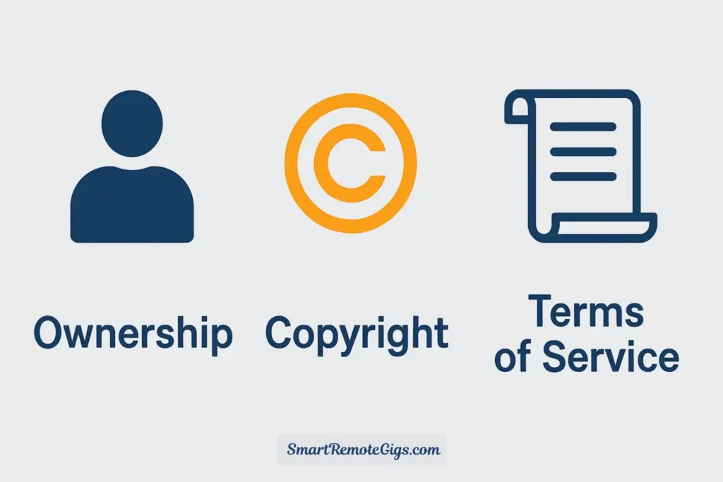 Diagram showing three key concepts for AI commercial use: an icon for Ownership, a symbol for Copyright, and a document icon for Terms of Service.