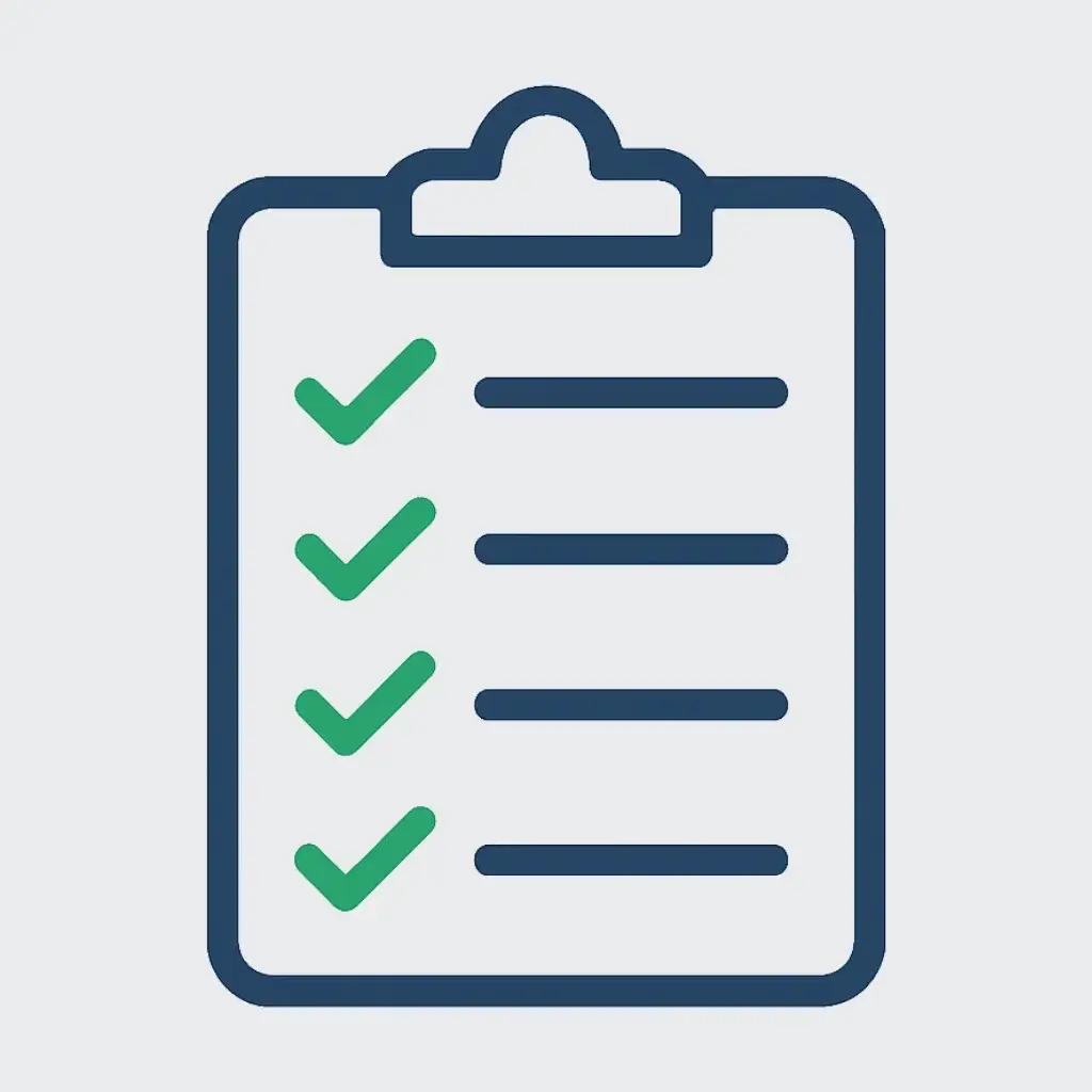 Icon of a clipboard with a completed checklist, representing the checklist for safely using free AI tools for commercial purposes.